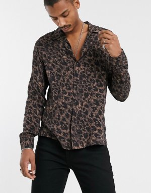 Коричневая рубашка с длинными рукавами и леопардовым принтом -Коричневый AllSaints