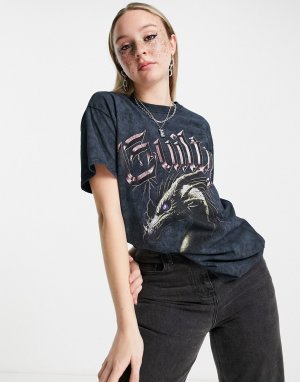 Черная выбеленная oversized-футболка с принтом дракона -Черный цвет New Girl Order
