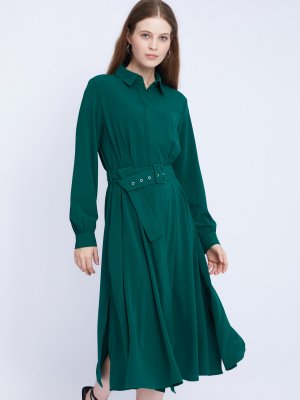 Атласное платье-рубашка длины миди с принтом и ремнём на талии zolla. Цвет: темно-зеленый