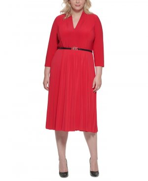 Платье больших размеров с поясом и плиссированной юбкой , красный Tommy Hilfiger