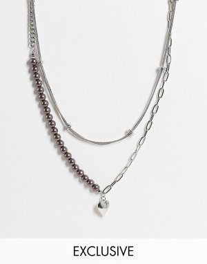 Ожерелье в стиле 90-х из нескольких цепочек с подвеской форме сердца и темным искусственным жемчугом Inspired-Серебристый Reclaimed Vintage