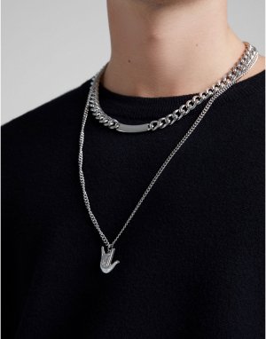 Серебристое ожерелье с двумя цепочками и подвеской -Серебряный Bershka