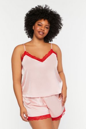 Пижамный комплект больших размеров с кружевной отделкой и шортами , розовый Forever 21