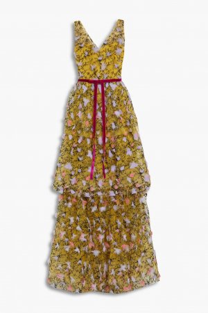 Ярусное платье из тюля с декором MARCHESA NOTTE, горчичный Notte