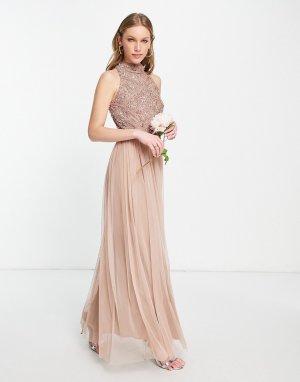 Серо-коричневое платье макси с юбкой из тюля и отделкой Bridesmaid-Розовый цвет Beauut