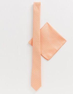 Свадебный узкий галстук и платок для нагрудного кармана из фактурного материала ASOS DESIGN. Цвет: розовый