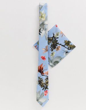 Синий галстук-бабочка и платок-паше с цветочным принтом wedding-Мульти ASOS DESIGN