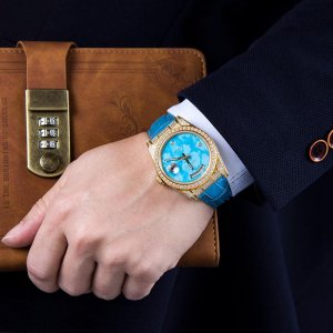 START-Бирюзовые мужские часы с бриллиантами, автоматические механические функцией недели, пряжка-бабочка, кожаный ремешок из кожи аллигатора Start
