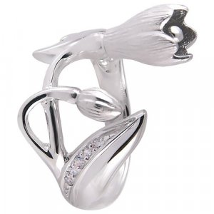 Перстень Подснежник К-15057, серебро, 925 проба, родирование, фианит, размер 18, серебряный Альдзена. Цвет: серебристый