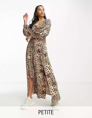 Леопардовое платье макси с длинными рукавами и пуговицами Petite Miss Selfridge