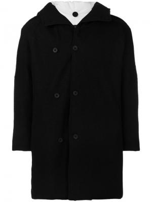 Двубортное пальто с капюшоном Transit. Цвет: чёрный