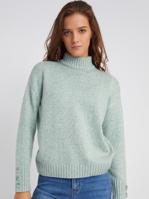 Вязаный свитер с воротником-стойкой и декоративными пуговицами zolla. Цвет: светло-зеленый