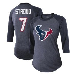 Женская футболка Threads темно-синего цвета C.J. Stroud Houston Texans с именем и номером игрока, приталенная Tri-Blend рукавами 3/4 Majestic