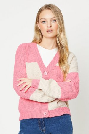 Большой свитер-кардиган в клетку с V-образным вырезом и косами , розовый Oasis