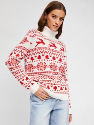 Вязаный шерстяной свитер с новогодним узором оленями zolla. Цвет: молоко