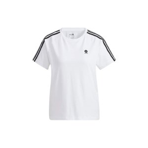 Neo Micro Logo Stripe Повседневная спортивная футболка с короткими рукавами Женские топы Белые HE4512 Adidas