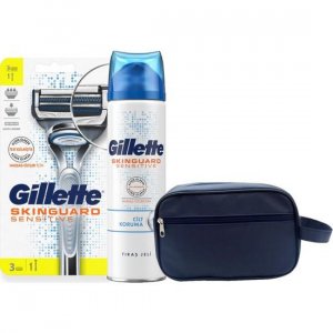 Бритва Skinguard + 3 запасных лезвия гель для бритья 250 мл сумка Gillette