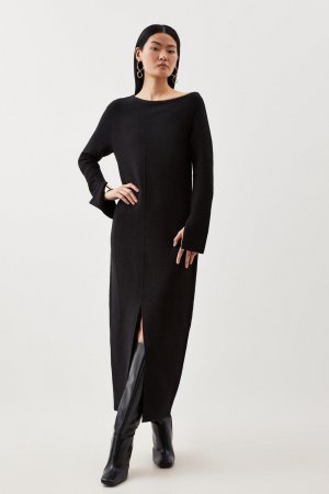 Компактное трикотажное шерстяное платье миди с заниженными плечами , черный Karen Millen
