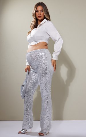 Эластичные брюки с высокой талией и серебристыми пайетками для беременных PrettyLittleThing