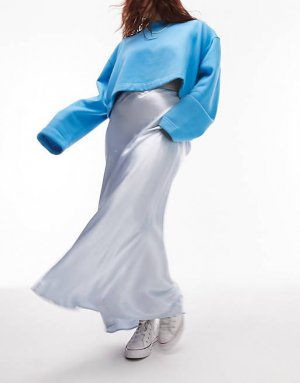 Голубая атласная юбка макси с косой посадкой Curve Topshop