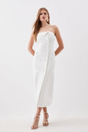 Двубортное платье-бандо миди из крепа с атласной спинкой по индивидуальному заказу , белый Karen Millen
