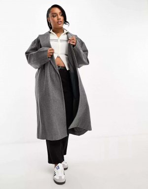 Бледно-серое пальто средней длины без подкладки ASOS DESIGN Curve. Цвет: серый
