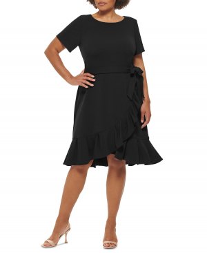 Платье больших размеров с круглым вырезом и оборками по подолу , черный Calvin Klein
