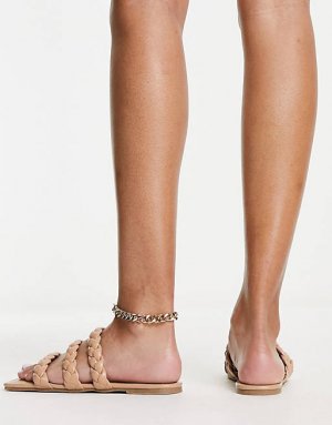 Гламурные плетеные сандалии на плоской подошве светло-коричневого цвета Glamorous