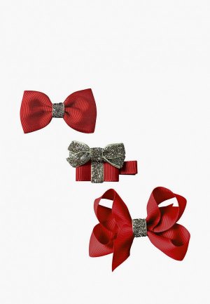 Заколки 3 шт. Milledeux Бантики и подарок, коллекция Classic Christmas, скарлет с серебристым. Цвет: красный