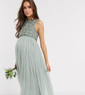 Шалфейно-зеленое платье мидакси без рукавов с пайетками Bridesmaid-Зеленый цвет Maya Maternity