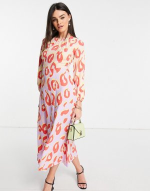Платье мидакси с длинными рукавами, контрастной юбкой пастельного цвета и пятнистым принтом -Многоцветный Closet London