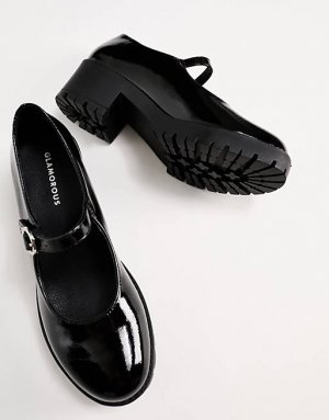 Черные лакированные туфли Мэри Джейн на низком каблуке Wide Fit Glamorous