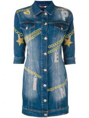 Джинсовое платье с вышивками Philipp Plein. Цвет: синий