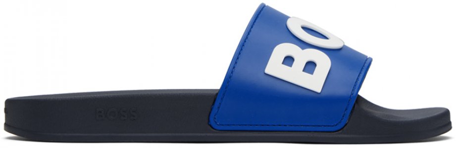 Темно-синие шлепанцы с рельефным логотипом Boss