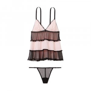 Комплект комбинация с трусиками Victoria's Secret Very Sexy Modal & Mesh Triangle Babydoll, черный/розовый Victoria's