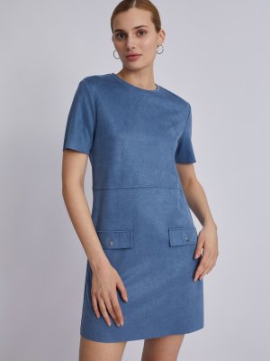 Замшевое платье-футболка в длине мини с коротким рукавом zolla. Цвет: голубой