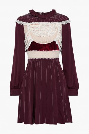 Мини-платье из шелкового джерси с бархатной отделкой и кружевными вставками шантильи VALENTINO GARAVANI, бордовый Garavani
