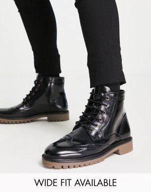Ботинки броги на шнуровке из черной полированной кожи с контрастной подошвой ASOS DESIGN