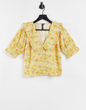 Желтая блузка с круглым воротником и цветочным принтом -Multi Influence