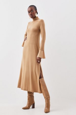 Трикотажное платье макси из мериносовой шерсти и шелковых манжет , бежевый Karen Millen