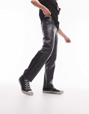 Черные прямые кожаные брюки премиум-класса Limited Topman. Цвет: черный