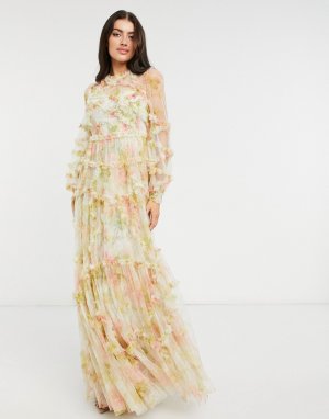 Платье макси с длинными рукавами 3D-эффектом и смешанным цветочным принтом -Многоцветный Needle & Thread