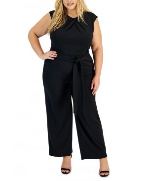 Комбинезон ASL Plus Size со складками и поясом, широкие брюки , черный Tahari