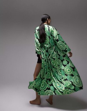 Зеленый атласный халат с цветочным принтом Topshop