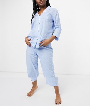 Голубая батистовая пижама в клетку с брюками капри и рубашкой лацканами Lauren by Ralph Lauren-Голубой
