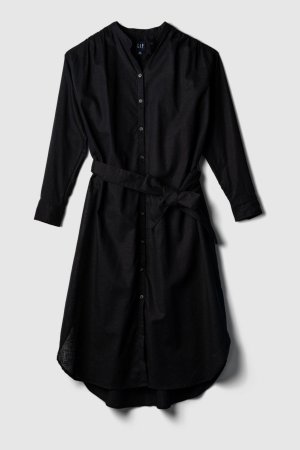 Платье-рубашка миди с длинными рукавами из смесового льна Gap, черный GAP