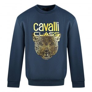 Темно-синий джемпер с леопардовым принтом и логотипом , синий Roberto Cavalli