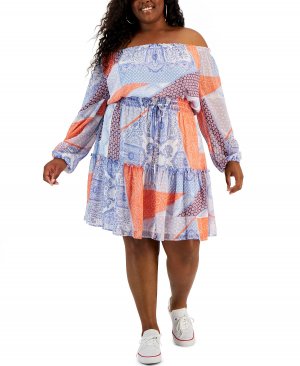Платье больших размеров с открытыми плечами и принтом в стиле пэчворк Tommy Hilfiger