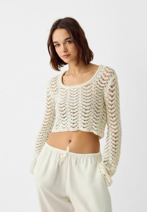 Вязаный свитер OPEN-SCOOP NECK , цвет beige Bershka