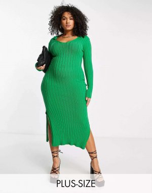 Зеленое платье миди в рубчик I Saw It First Plus с разрезом по бокам Curve